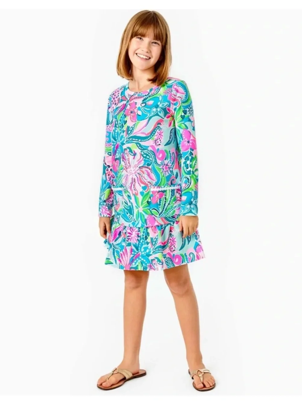 Lilly Pulitzer XL Dress Blue Pink Floral Vira Tropical Long Sleeve